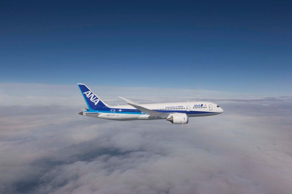 Boeing 787 Dreamliner in ANA livery, photographed from Clay Lacy's Astrovision Learjet.